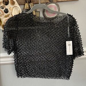 Beaded Black Short Sleeve Crop Top